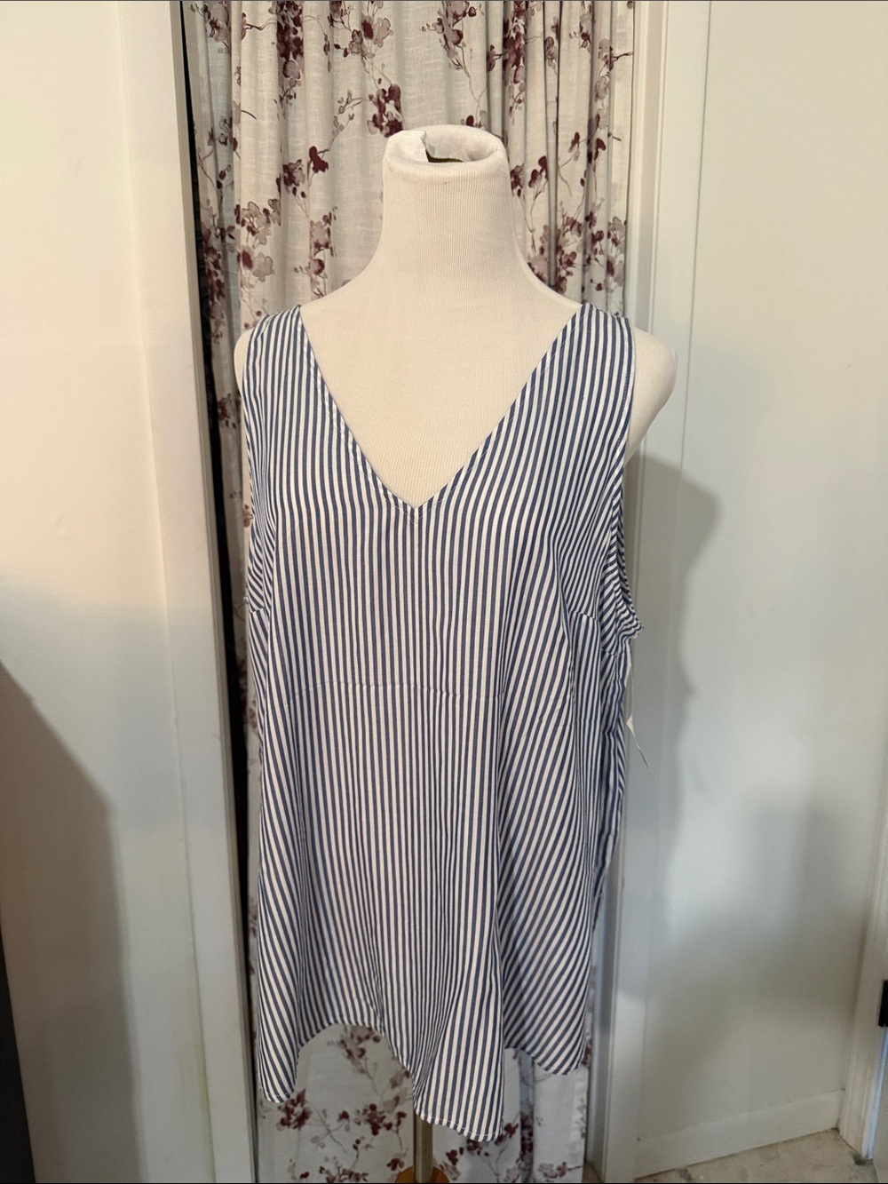 Old Navy Blue and White Vertical Stripe V-Neck Tank